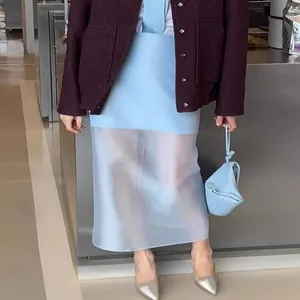 Women High Waist Midi Skirt Elegant Perspective Patchwork Sheer Mesh Skirt Casual Commute Fashion Tulle Long Skirt Spring Summer