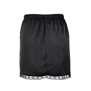 Elegant black satin mini skirt with delicate lace trim at the hem and elasticated waist