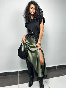 Elegant asymmetrical olive green satin midi skirt with delicate black lace trim for women
