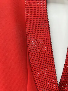 Dettaglio del collo a scialle rosso con strass scintillanti su un abito blazer elegante