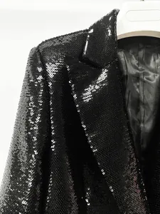 Close-up detail of a black sequin blazer jacket featuring high-density shimmering finish
