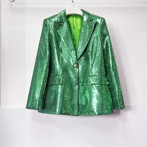 High-end emerald green sequin blazer for women featuring a shimmering texture detail