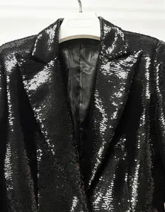 Close-up detail of a black sequined blazer featuring a shimmering texture and lapel.