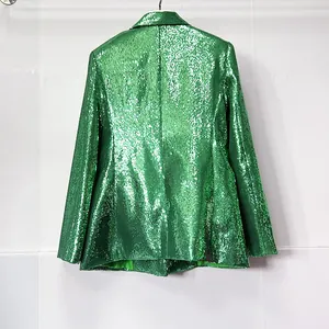 Detailed back view of a vibrant green sequin blazer with shimmering fashion texture