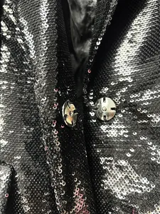 Close-up of glittering black sequins and metallic silver buttons on a stylish party blazer