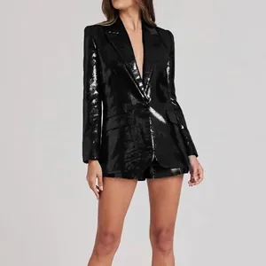 Women Fashion Sequin Blazer And Shorts Set Bling Bling Black Long Sleeve Jacket With High Waist Pants For Party Clubwear