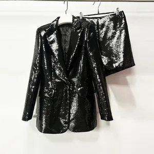 Glamorous black sequin blazer and matching shorts two-piece suit set for evening parties