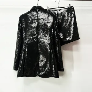 Elegant black sequin two-piece fashion set including a blazer and matching shorts