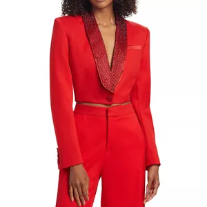 Giacca Blazer Corta alla Moda da Donna con Collo a Scialle Strass Termoadesivi Schiena Scoperta Sexy Manica Lunga Elegante Soprabito da Festa