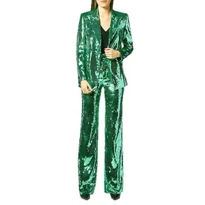 Glamorous emerald green sequin two-piece suit set with tailored blazer and long trousers