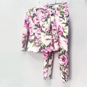 Elegant floral print blazer and trousers two-piece suit set for women's casual office wear