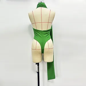 Back view of a sexy green knit bodysuit with hot-drilled rhinestone details on a mannequin.