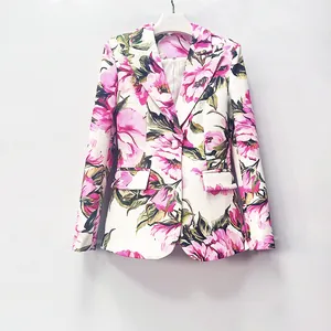 Front view of a stylish slim-fit women's blazer with vibrant pink floral print on white