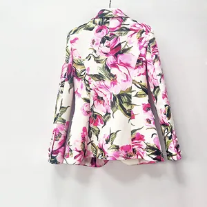 Back view of a white floral blazer featuring vibrant pink flower prints and a slim fit.