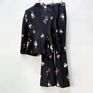 Detailed back view of black floral print blazer and flared trousers two-piece set