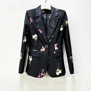 Elegant black blazer featuring a sophisticated floral print and classic notched lapels