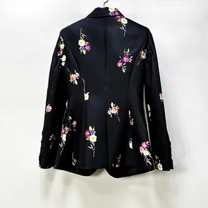 Elegant black blazer back view featuring vibrant floral print and slim fit design