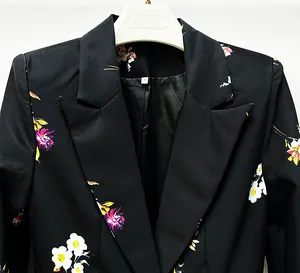 Close-up of a black floral print blazer lapel highlighting the elegant fabric texture.