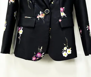Close-up of elegant black floral print blazer with flap pockets