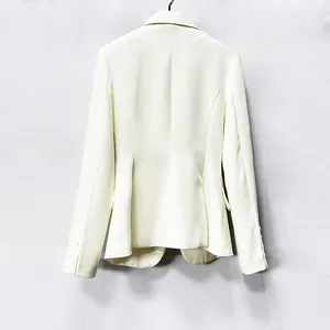 Detailed back view of a high-end women's slim fit cream white suit blazer jacket