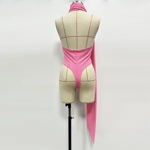 Detailed back view of pink rhinestone halter bodysuit with sexy open back design