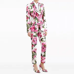 Women Floral Print Blazer Suit Set Slim Fit Pink Flower Pattern Top And Bottom Elegant Celebrity Style Pants Set