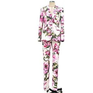 Elegant white floral print two-piece slim fit suit with large pink flower patterns and green leaves