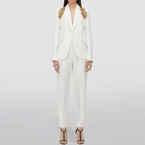 Women Elegant White Suit Top And Bottom Heavy Beaded Sequin Blazer Tapered Pants Slim Fit Celebrity Runway Fashion Outfit