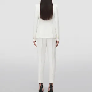 Elegant white heavy-duty beaded blazer and slim trousers two-piece suit set for women