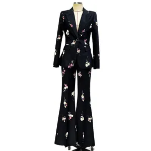 Elegant black floral print blazer and high-waisted flared trousers two-piece suit set