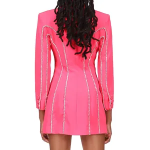 Hot pink slim fit blazer dress with shimmering rhinestone vertical lines back design.