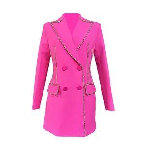 Hot pink double-breasted blazer dress with rhinestone trim and slim fit silhouette