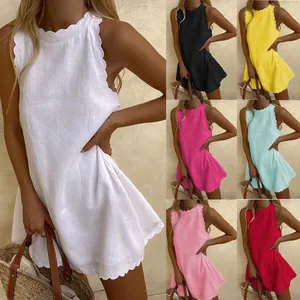 Damen Polyester Ärmellos Muschelsaum Minikleid Lässig Rundhals Einfarbig Gespleißt Sommerurlaub Lockere Passform Süßer Stil Kurzes Kleid