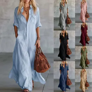 Women's Elegant Shirt Collar Maxi Dress Solid Color Patchwork Pockets Button Down Loose Fit Bohemian Style Vacation Robe Dress