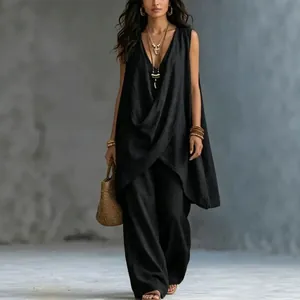 Detailed view of women's black sleeveless cotton linen loose-fit vacation style set