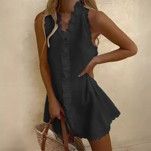 Elegantes schwarzes ärmelloses Mini-Kleid mit Rüschenkragen aus Baumwolle und Leinen