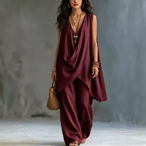 Full view of women's sleeveless burgundy cotton linen loose vacation set with wide leg pants