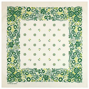 Flat lay view of a white cotton square bandana with green and yellow floral print