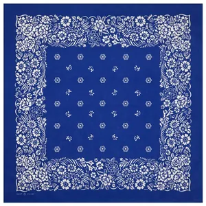 High-resolution detail of a 54x54cm blue cotton bandana with intricate white floral patterns