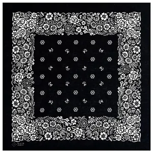 Close-up of intricate black and white floral pattern on a 54x54cm cotton bandana scarf