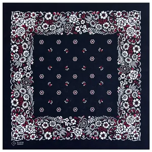 Navy blue square cotton bandana with white and red floral border and center motifs.