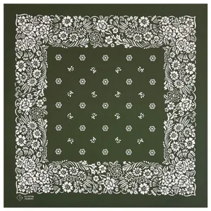 Green square cotton bandana headscarf featuring intricate white floral pattern designs