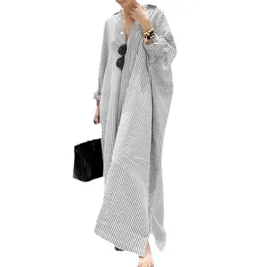 Loose striped maxi dress with oversized long sleeves for trendy plus size fashion style