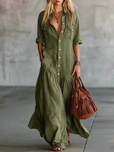 Bohemian olive green long-sleeve maxi shirt dress with pockets and ruffle hem detail