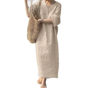 Robe maxi décontractée en coton et lin avec col en V et manches courtes femme