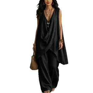 Elegant black sleeveless v-neck linen set for women, loose fit vacation style outfit
