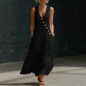 Elegant black V-neck sleeveless cotton linen maxi dress with diagonal button details