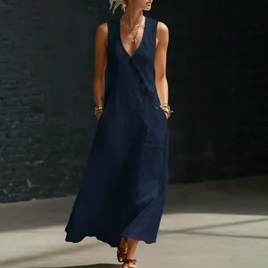 Elegant navy blue V-neck sleeveless cotton-linen maxi dress with decorative buttons