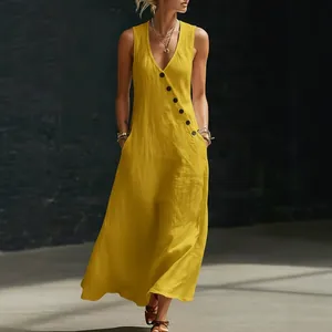 V-neck buttoned yellow cotton linen sleeveless maxi tank dress for women