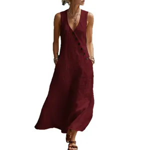 Elegant sleeveless V-neck burgundy linen maxi dress with diagonal button-down design